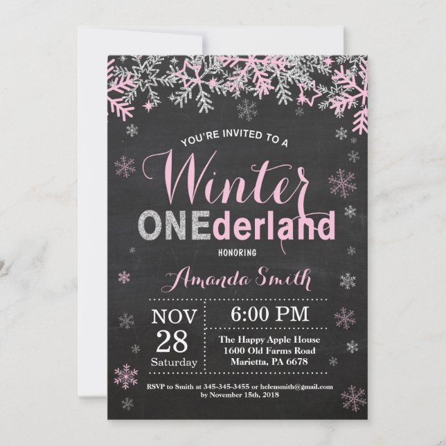 Invitación Invierno Onederland Chica de Plata Rosa Primer Cum (Anverso)