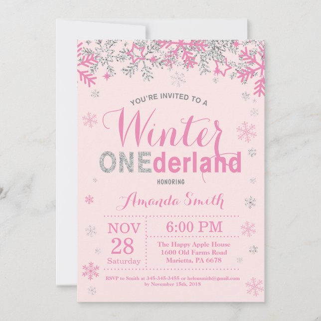 Invitación Invierno Onederland Chica de Plata Rosa Primer Cum (Anverso)