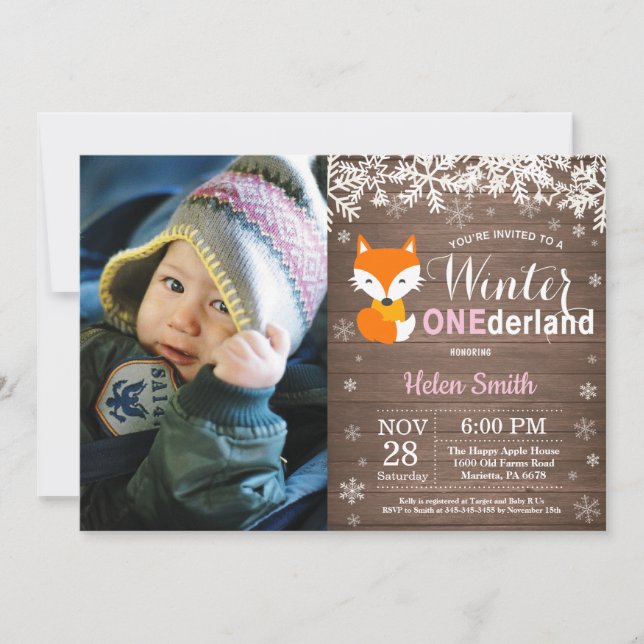 Invitación Invierno Onederland Chica Zorro Rústica Cumpleaños (Anverso)