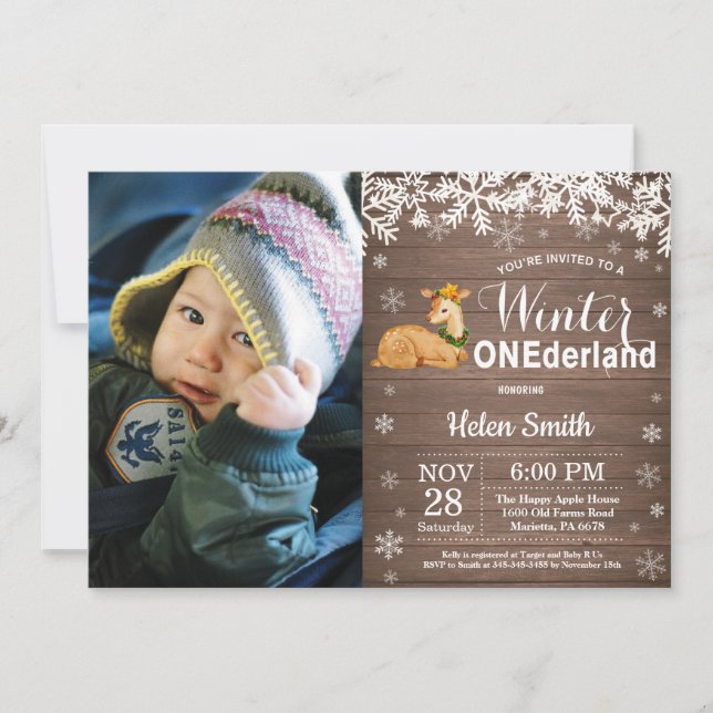 Invitación Invierno Onederland Ciervo Rústico Cumpleaños 1 (Anverso)