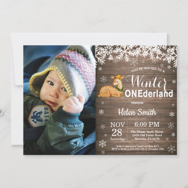 Invitación Invierno Onederland Ciervo Rústico Cumpleaños 1 (Anverso)