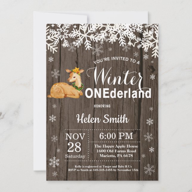 Invitación Invierno Onederland Ciervo Rústico Cumpleaños 1 (Anverso)
