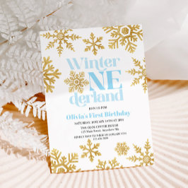 Invitación Invierno Onederland Copo de Nieve Azul Dorado Cump