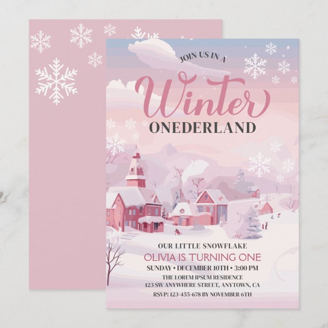 Invitación Invierno Onederland Copo de Nieve Primer cumpleaño (Anverso / Reverso)