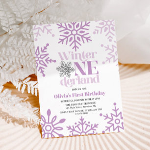 Invitación Invierno Onederland Copo de Nieve Púrpura Cumpleañ