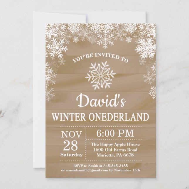 Invitación Invierno Onederland Copo de Nieve Rústico Cumpleañ (Anverso)