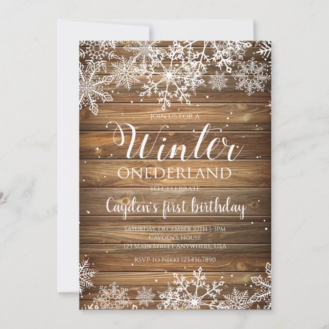 Invitación Invierno Onederland copo de nieve rústico y madera (Anverso)