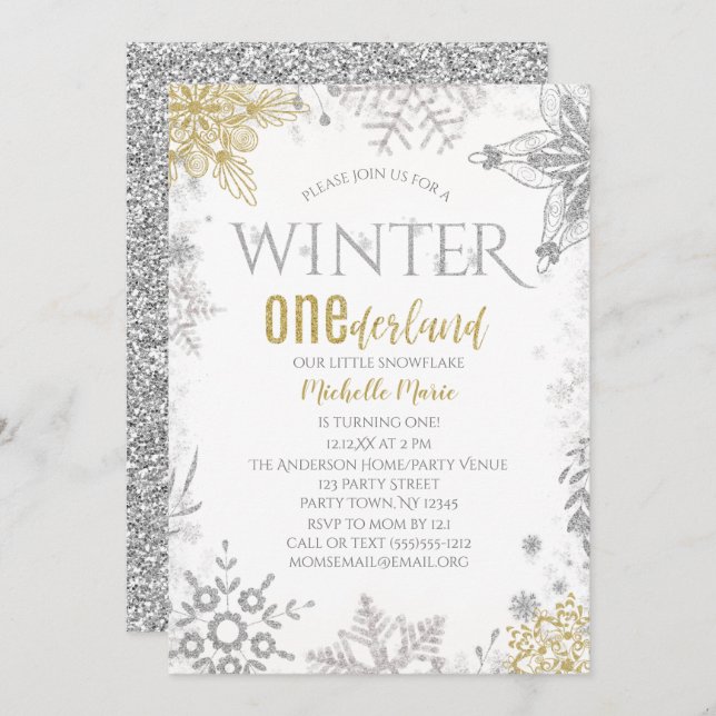Invitación Invierno Onederland Cumpleaños Plata Oro Snowflake (Anverso / Reverso)