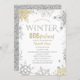 Invitación Invierno Onederland Cumpleaños Plata Oro Snowflake