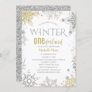 Invitación Invierno Onederland Cumpleaños Plata Oro Snowflake