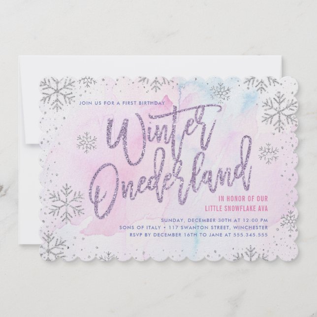 Invitación Invierno Onederland Cumpleaños Plata Púrpura Rosa (Anverso)