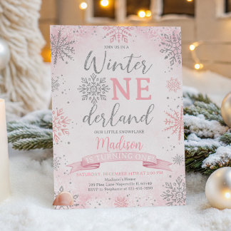 Invitación Invierno ONEDerland Cumpleaños Rosa Plateado Copos