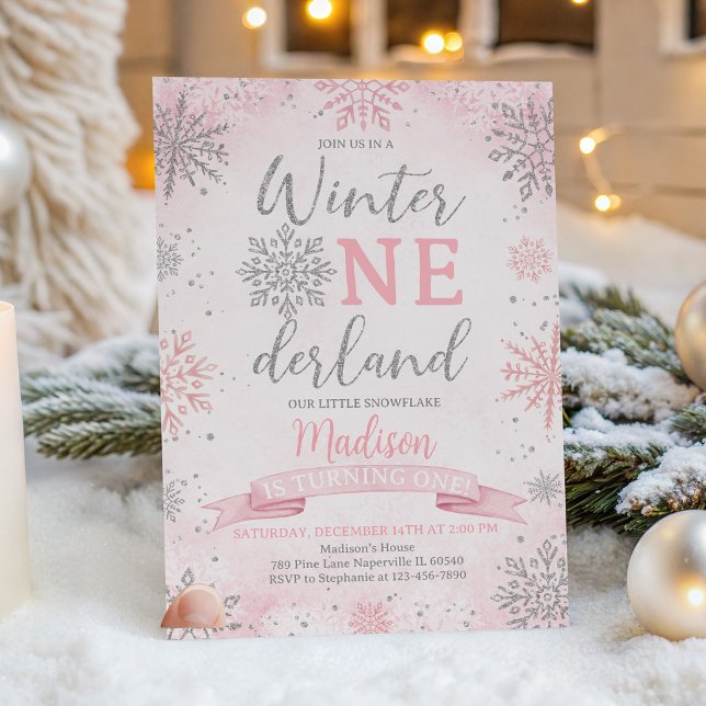 Invitación Invierno ONEDerland Cumpleaños Rosa Plateado Copos (Subido por el creador)