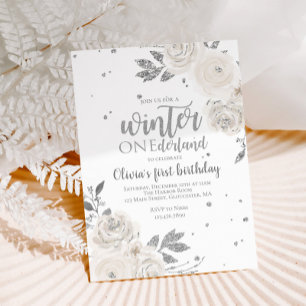 Invitación Invierno Onederland Floral con Brillo Plateado