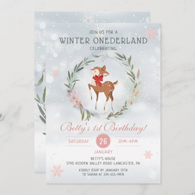 Invitación Invierno Onederland Floral Deer Baby Primer Cumple (Anverso / Reverso)