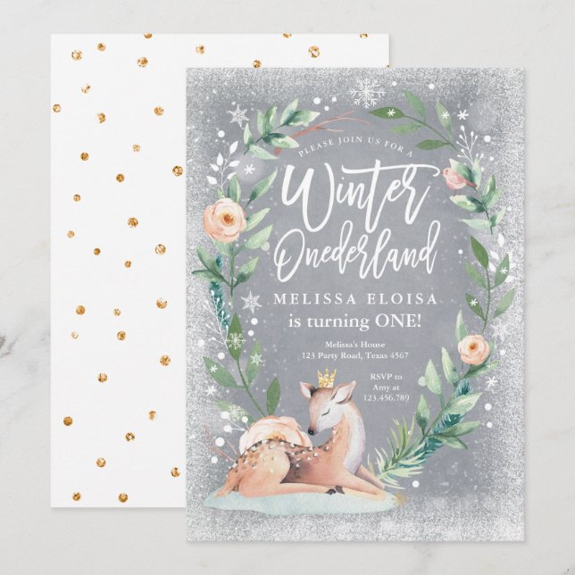Invitación Invierno Onederland Floral Silver Deer Cumpleaños (Anverso / Reverso)