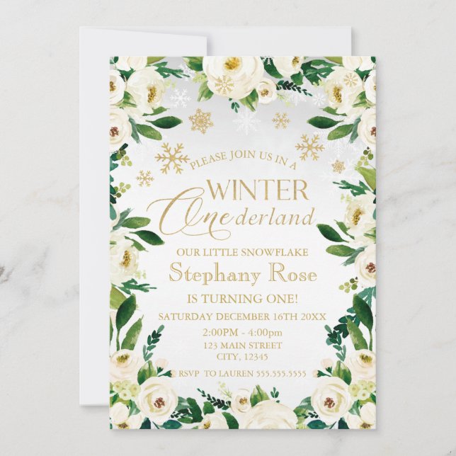 Invitación Invierno Onederland Flores Blancas copos de nieve (Anverso)