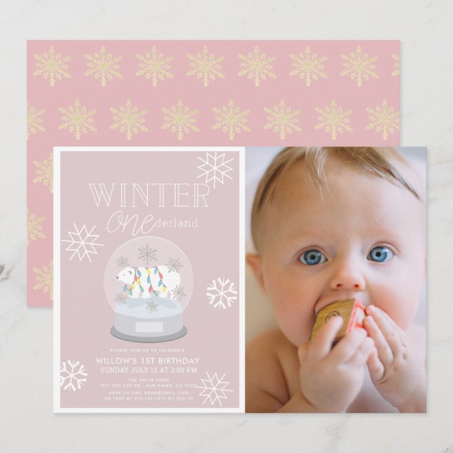 Invitación Invierno Onederland Foto Rosa Primer cumpleaños (Anverso / Reverso)