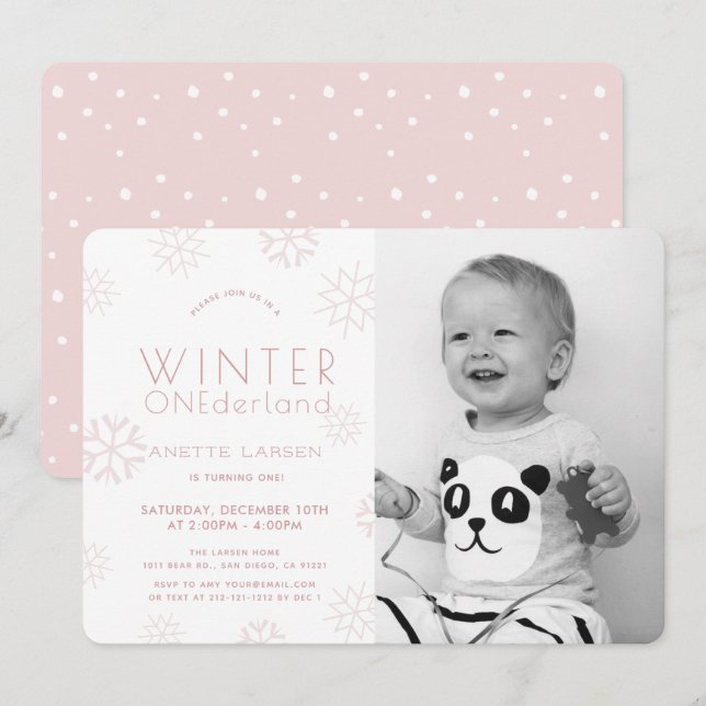 Invitación Invierno Onederland Foto Rosa Primer cumpleaños (Anverso / Reverso)