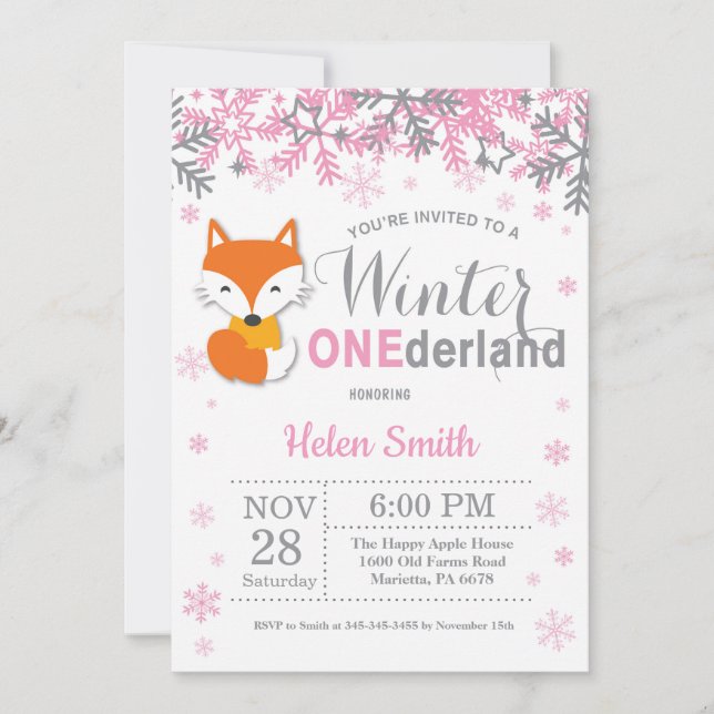 Invitación Invierno Onederland Fox Chica Primer Cumpleaños (Anverso)