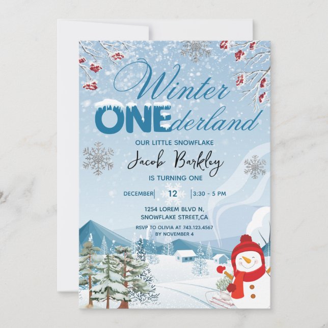 Invitación Invierno ONEderland género neutro primer cumpleaño (Anverso)