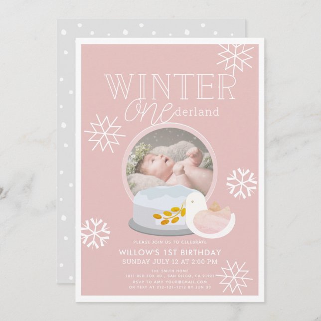 Invitación Invierno Onederland Globe Pink 1er cumpleaños (Anverso / Reverso)
