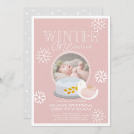 Invitación Invierno Onederland Globe Pink 1er cumpleaños
