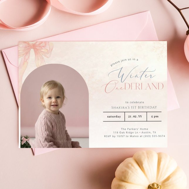 Invitación Invierno ONEderland Lazo Rosa Primer Cumpleaños Fo (Subido por el creador)