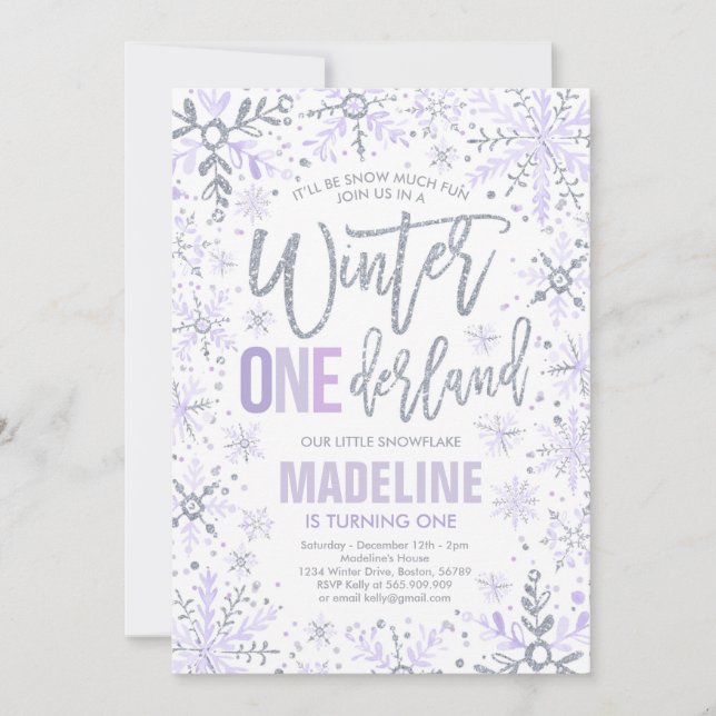 Invitación Invierno Onederland Morple Silver Snowflake Cumple (Anverso)