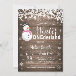 Invitación Invierno Onederland Muñeco de Nieve Rústico Cumple