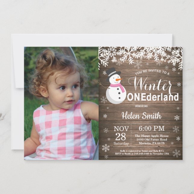 Invitación Invierno Onederland Muñeco de Nieve Rústico Cumple (Anverso)