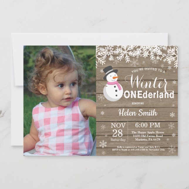 Invitación Invierno Onederland Muñeco de Nieve Rústico Cumple (Anverso)