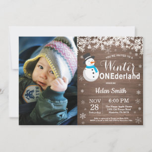 Invitación Invierno Onederland Muñeco de Nieve Rústico Niño C