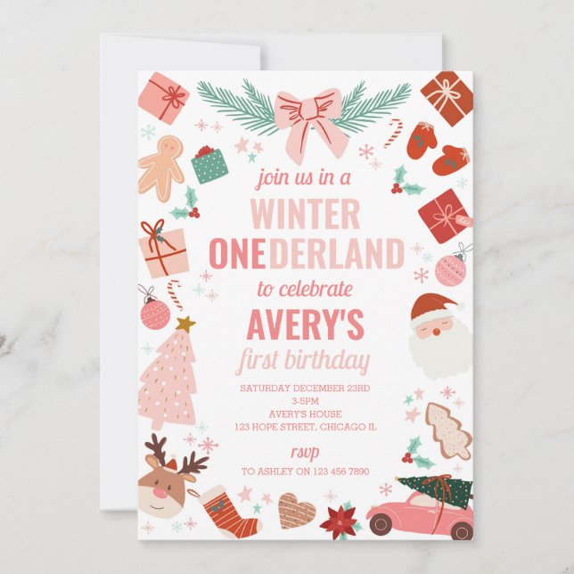 Invitación Invierno Onederland Navidades rosados Chica primer (Anverso)