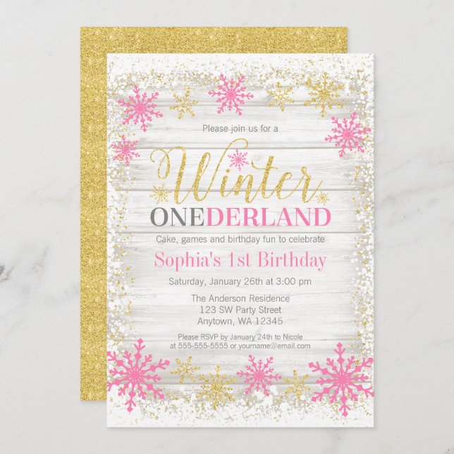 Invitación Invierno OneDerland Nieve Rosa Oro Primer cumpleañ (Anverso / Reverso)