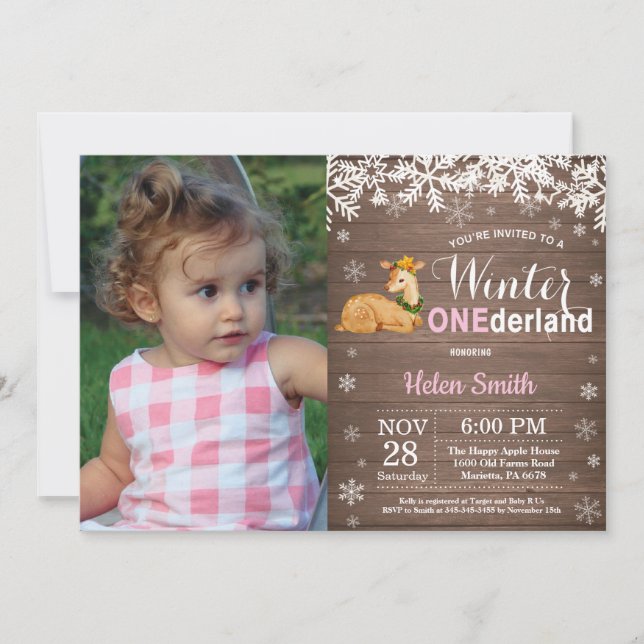 Invitación Invierno Onederland Niña Ciervo Rústico Cumpleaños (Anverso)