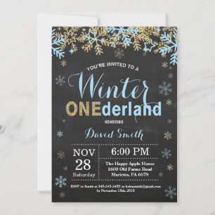 Invitación Invierno Onederland Niño Azul y Dorado Cumpleaños