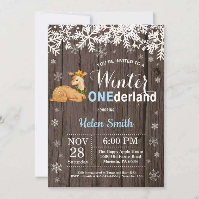 Invitación Invierno Onederland Niño Ciervo Rústico Cumpleaños (Anverso)
