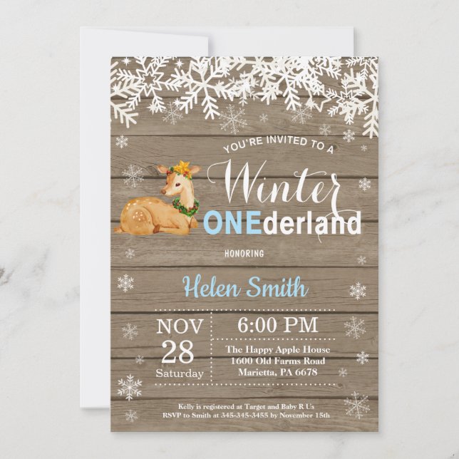 Invitación Invierno Onederland Niño Ciervo Rústico Cumpleaños (Anverso)