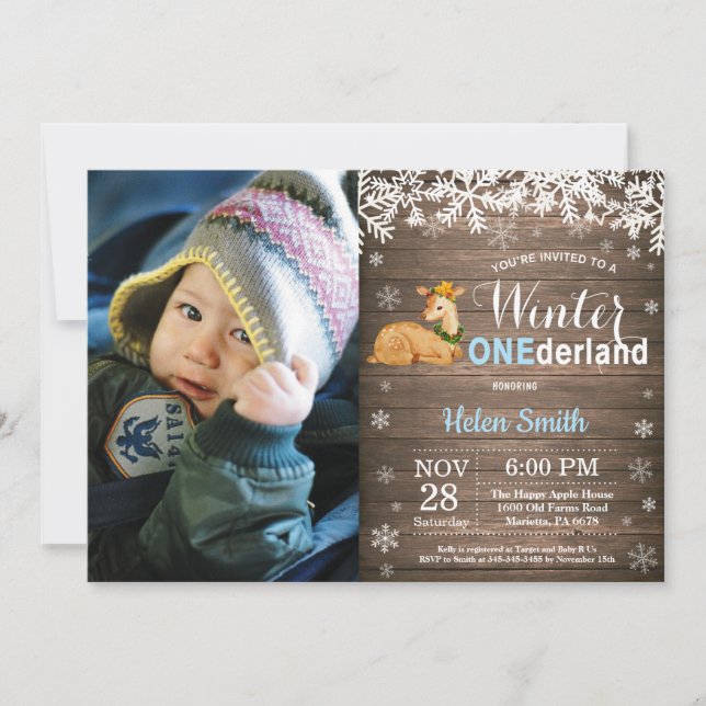 Invitación Invierno Onederland Niño Ciervo Rústico Cumpleaños (Anverso)