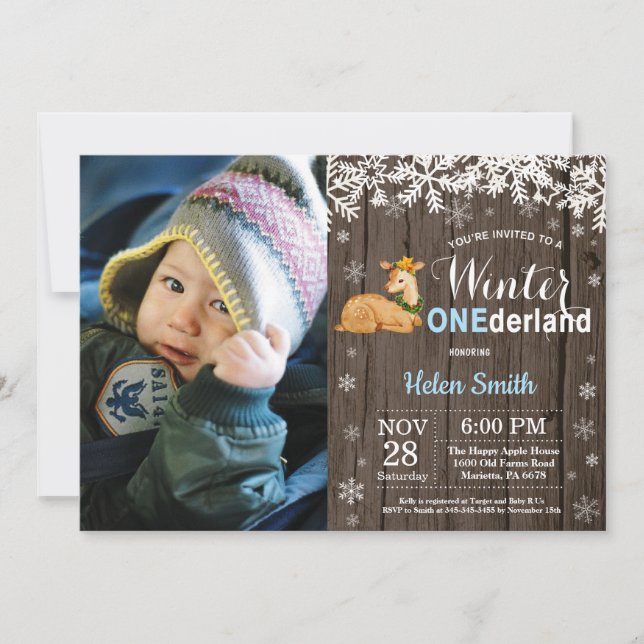 Invitación Invierno Onederland Niño Ciervo Rústico Cumpleaños (Anverso)
