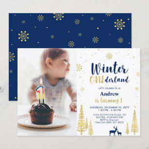 Invitación Invierno Onederland, Niño de Oro y Azul cumple 1 a