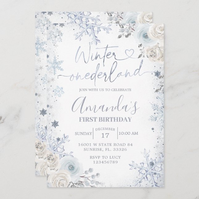 Invitación Invierno Onederland Pastel Blue Snowflake Cumpleañ (Anverso / Reverso)