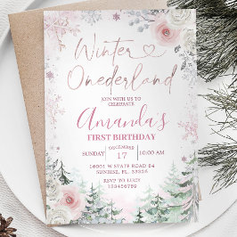 Invitación Invierno Onederland Pastel Pink Snowflake Cumpleañ