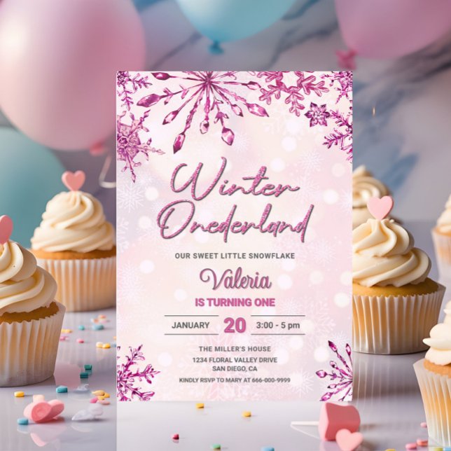 Invitación Invierno Onederland Pequeño Snowflake Primer cumpl (Pink snowflakes winter onederland 1st birthday party invitation)