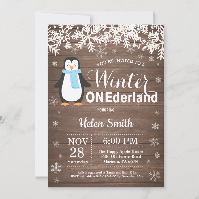 Invitación Invierno Onederland Pingüino Rústico Niño Cumpleañ (Anverso)