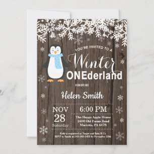 Invitación Invierno Onederland Pingüino Rústico Niño Cumpleañ