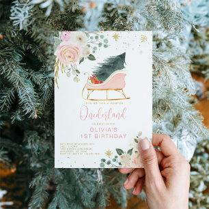 Invitación Invierno Onederland Pink and Gold Sleigh Cumpleaño