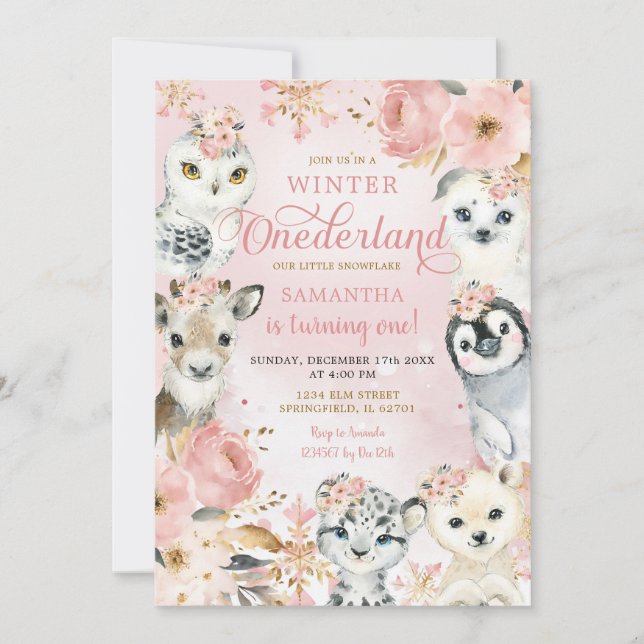 Invitación Invierno Onederland Pink Arctic Animals Cumpleaños (Anverso)