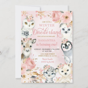Invitación Invierno Onederland Pink Arctic Animals Cumpleaños